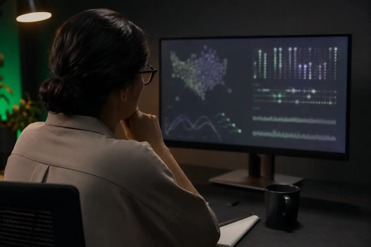 Editorial image of a person reviewing information on a monitor.